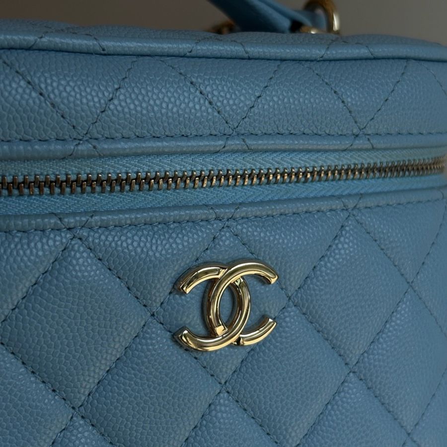 Chanel/香奈兒 藍色牛皮菱格化妝盒手提包斜挎包-6