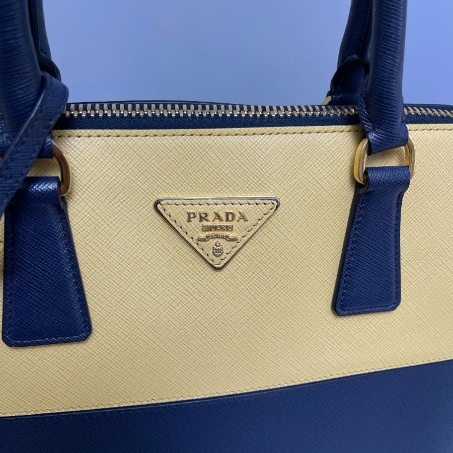 Prada 黃藍拼色十字紋大號貝殼包手提包-7