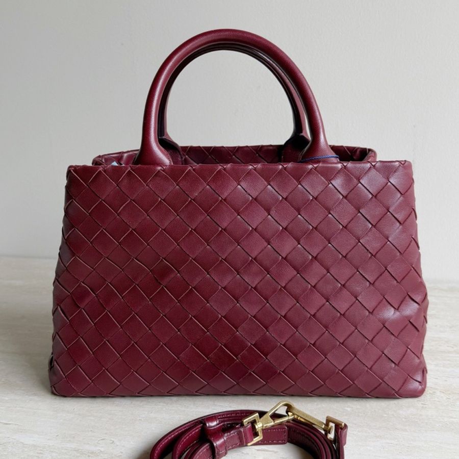 Bottega Veneta葆蝶家 酒紅色編織手提包 底長28cm-0