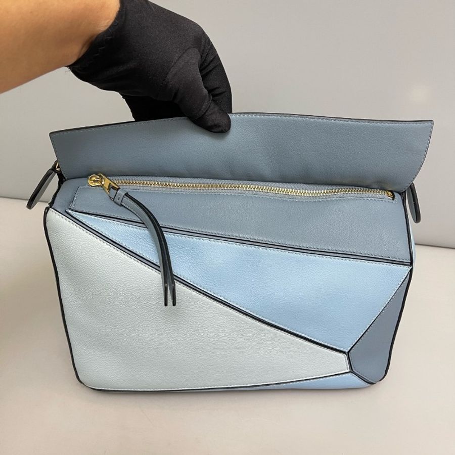 Loewe puzzle中號藍拼色全皮幾何包-7