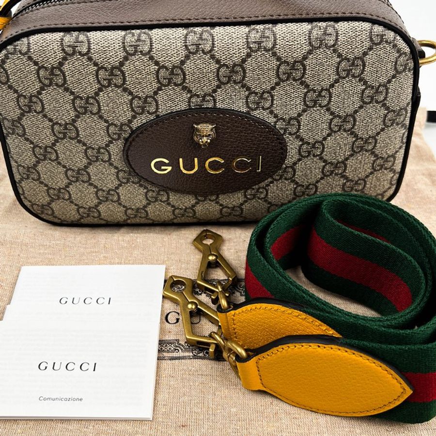 🖤 鑒定師的收藏 🖤 GUCCI Neo Vintage 古馳 復古雙G老花相機包 虎頭斜背包 經典棕 / 亮黃撞色 GUCCI Neo Vintage Small Messenger Bag in GG Supreme Canvas with Web Strap-31