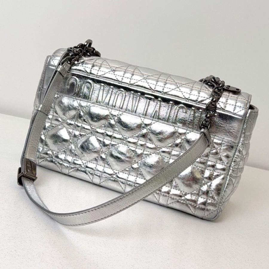 【近新閒置品】DIOR 迪奧 21年Dior Caro中號太空銀牛皮菱格so black鏈條包手提單肩斜挎包-2