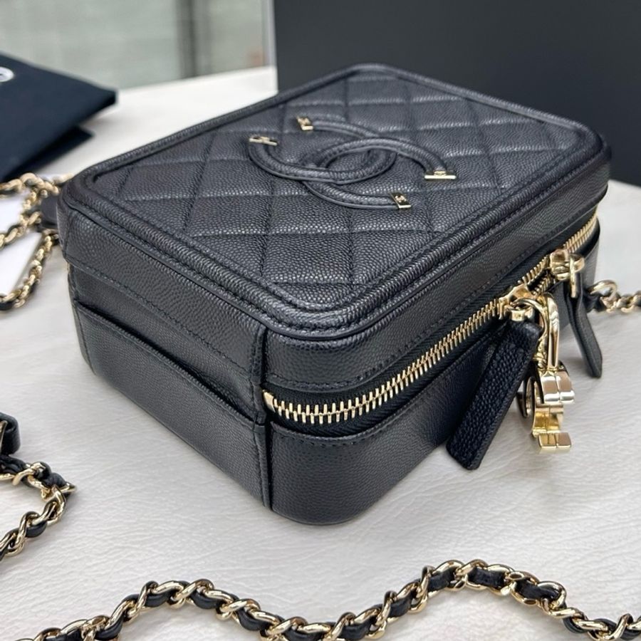 【近新閒置品】Chanel 香奈兒 Vanity黑金荔枝牛皮竪版相機包手拎單肩斜挎包 鐳射29開 五金無褪色-5