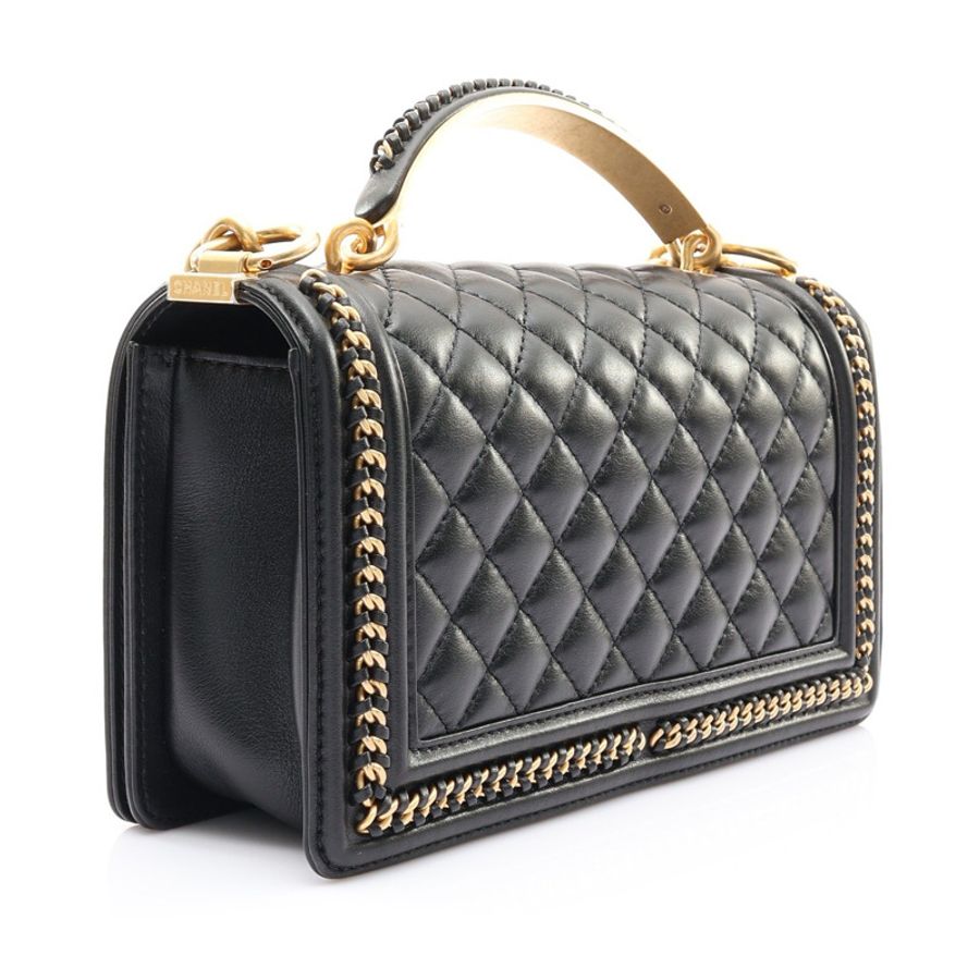 CHANEL 香奈兒 Handle Boy 25 黑色 羊皮 金釦 A94804-1