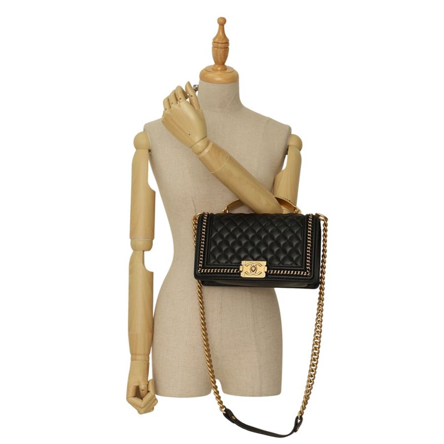CHANEL 香奈兒 Handle Boy 25 黑色 羊皮 金釦 A94804-6