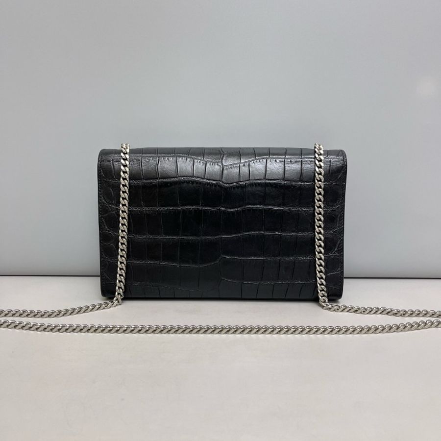 YSL Kate中號黑銀鱷壓紋流蘇鏈條包-1