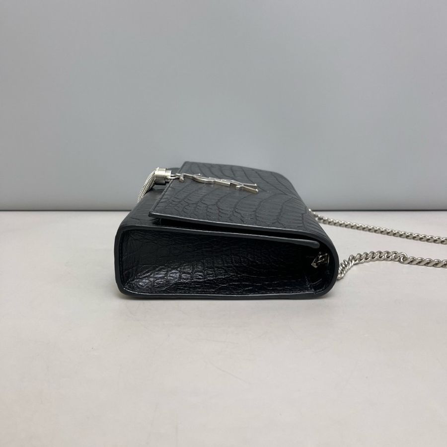 YSL Kate中號黑銀鱷壓紋流蘇鏈條包-2