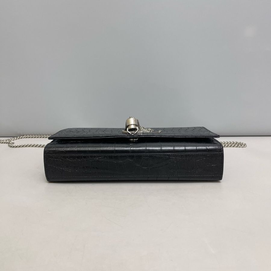YSL Kate中號黑銀鱷壓紋流蘇鏈條包-4