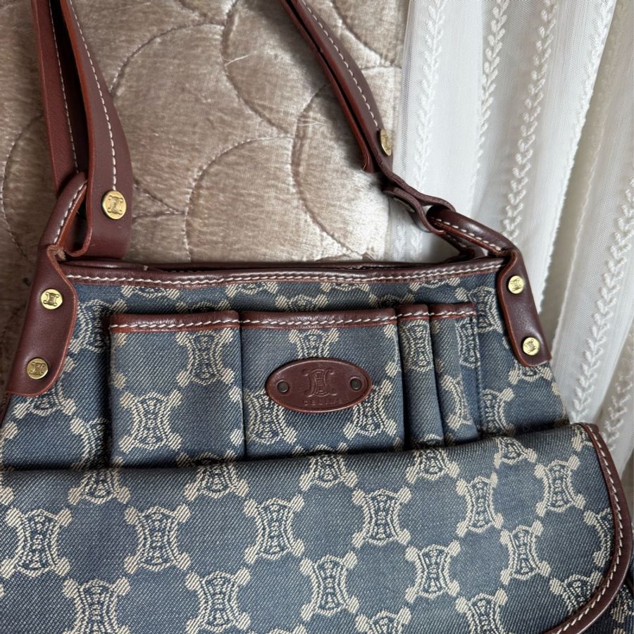 思琳 中古 絕版 Celine Vintage Macadam 藍色牛仔 老花 肩背包 丹寧 盒子包 Poulbot 包 牛仔布 丹寧布 denim shoulder bag-1