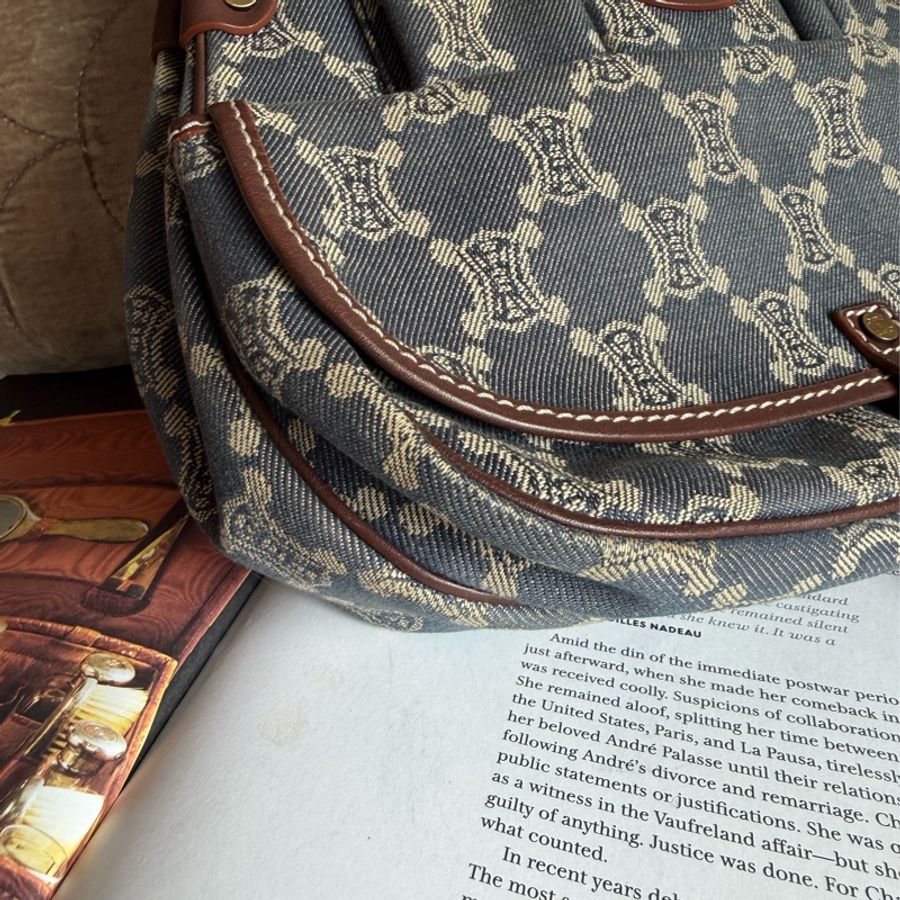 思琳 中古 絕版 Celine Vintage Macadam 藍色牛仔 老花 肩背包 丹寧 盒子包 Poulbot 包 牛仔布 丹寧布 denim shoulder bag-2