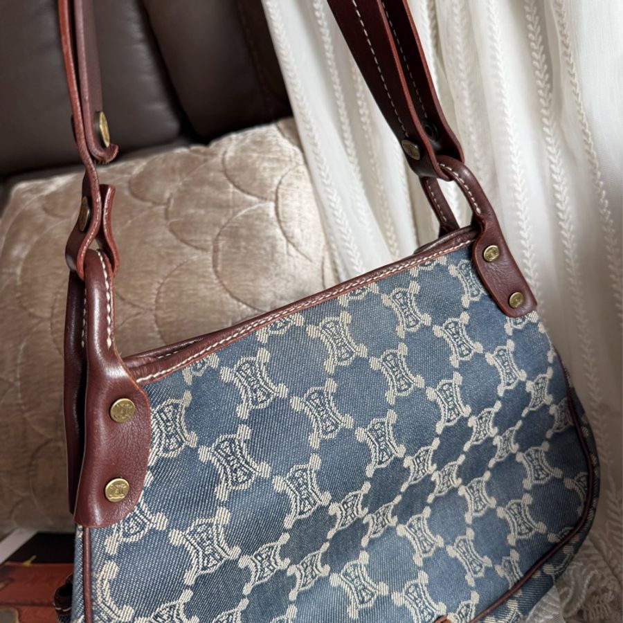 思琳 中古 絕版 Celine Vintage Macadam 藍色牛仔 老花 肩背包 丹寧 盒子包 Poulbot 包 牛仔布 丹寧布 denim shoulder bag-8