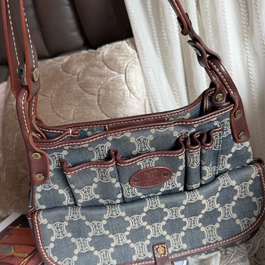 思琳 中古 絕版 Celine Vintage Macadam 藍色牛仔 老花 肩背包 丹寧 盒子包 Poulbot 包 牛仔布 丹寧布 denim shoulder bag-9