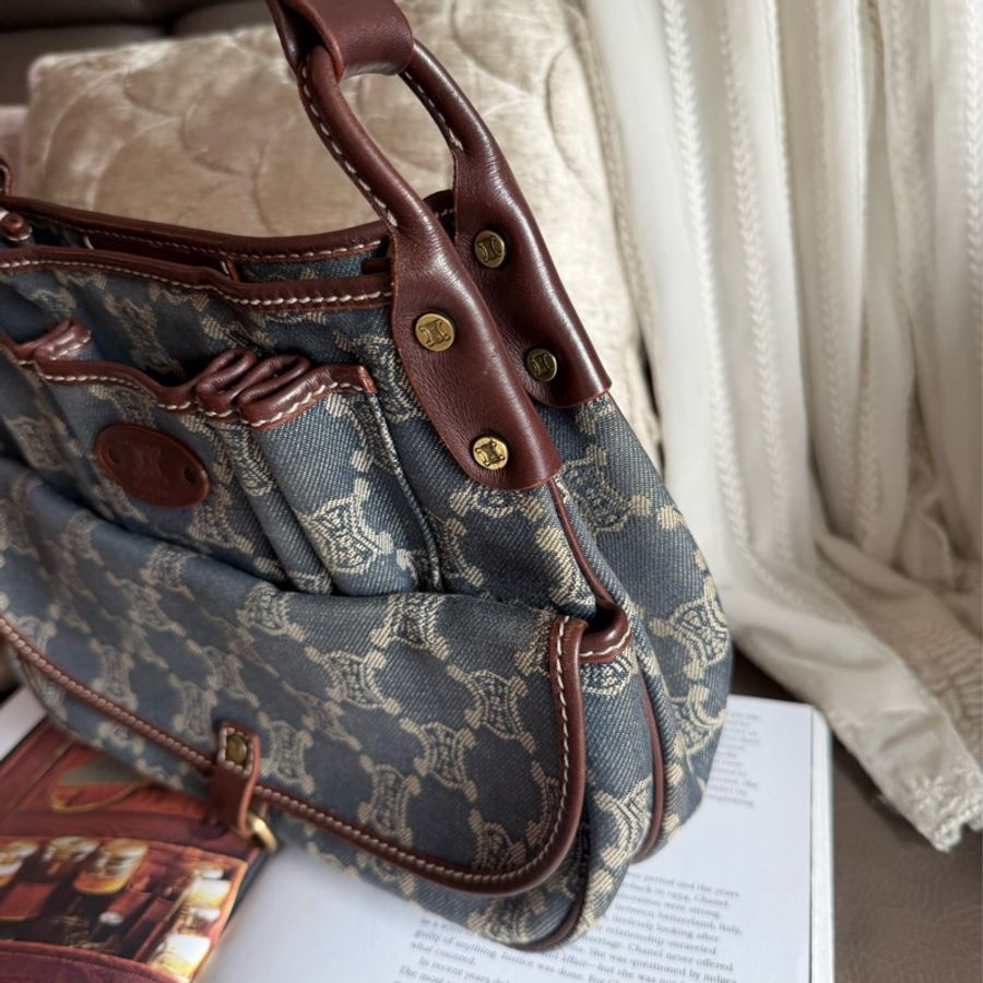 思琳 中古 絕版 Celine Vintage Macadam 藍色牛仔 老花 肩背包 丹寧 盒子包 Poulbot 包 牛仔布 丹寧布 denim shoulder bag-16