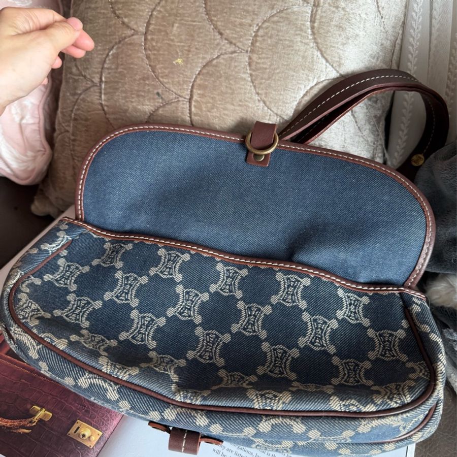 思琳 中古 絕版 Celine Vintage Macadam 藍色牛仔 老花 肩背包 丹寧 盒子包 Poulbot 包 牛仔布 丹寧布 denim shoulder bag-23