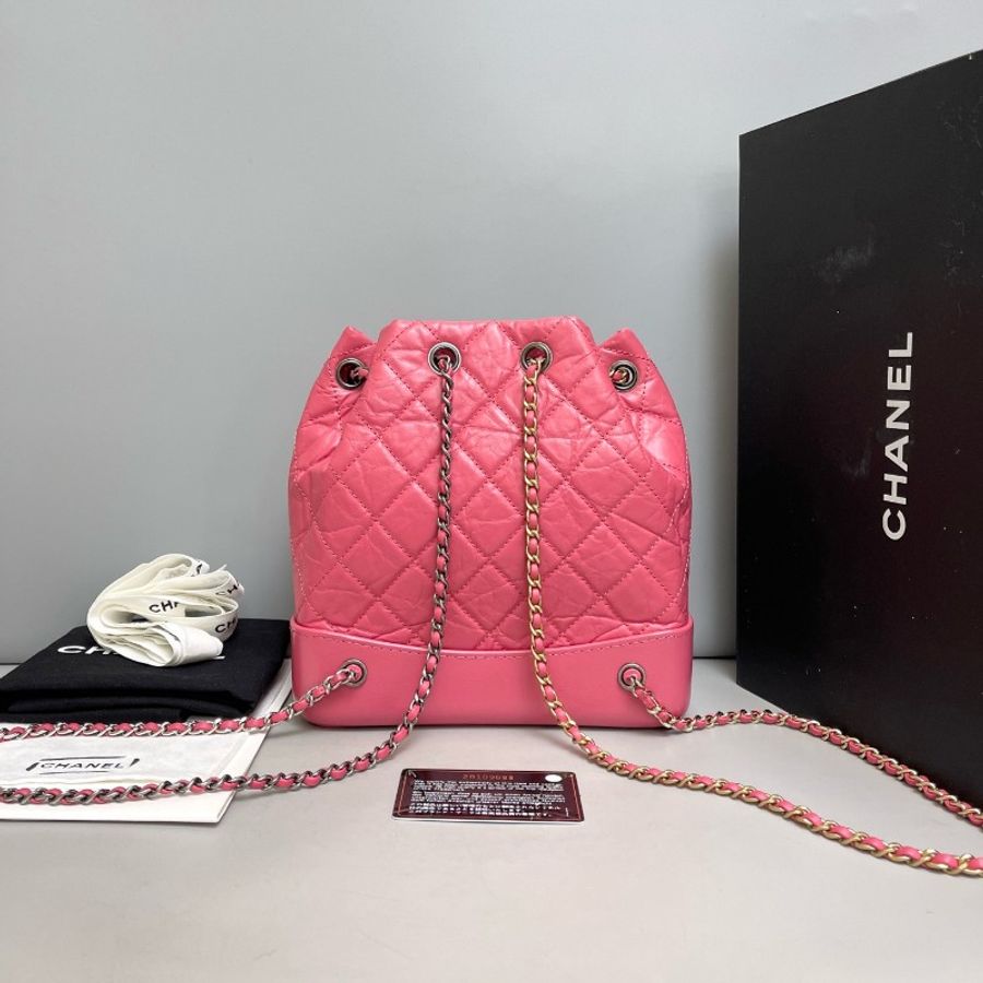 Chanel 桃粉色全皮菱格流浪雙肩包-1