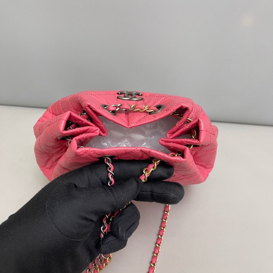 Chanel 桃粉色全皮菱格流浪雙肩包-5