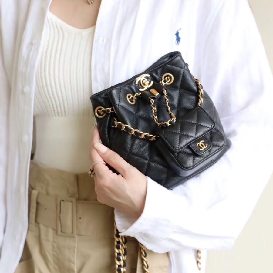CHANEL香奈兒黑金子母雙肩包芯片款全牛皮近全新閒置-4