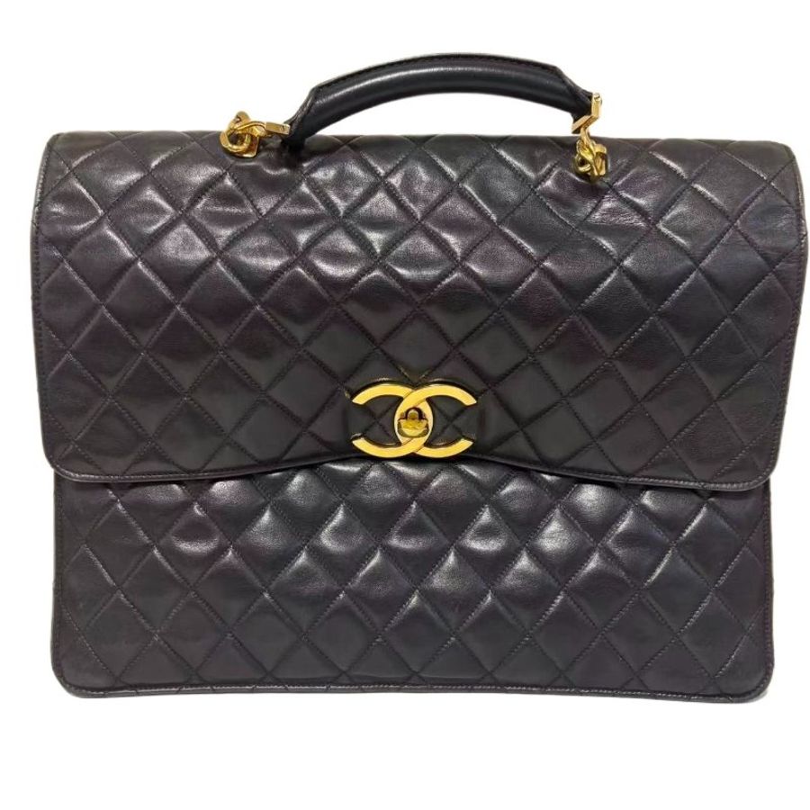 Chanel黑金菱格紋雙C扣手提公文包-14