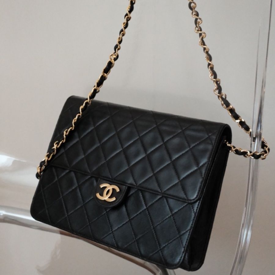 Vintage Chanel 經典 24K 黑金 雙C 小羊皮菱格紋鏈帶包-0