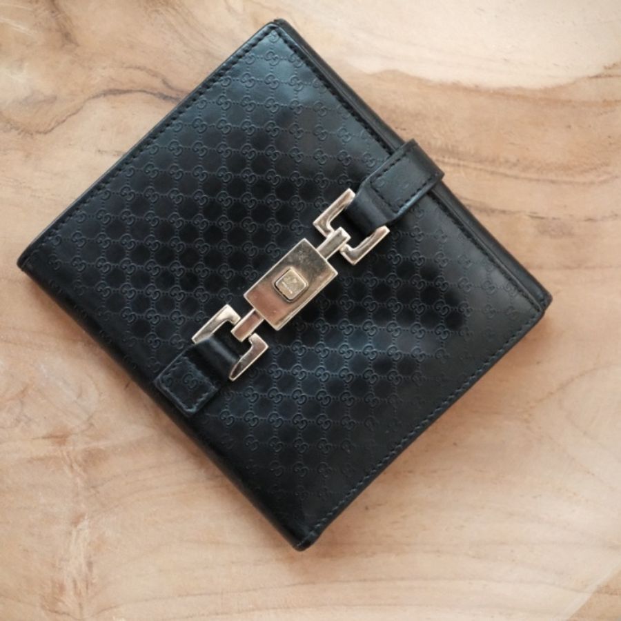 Vintage GUCCI Tom Ford 黃金時期 經典 Micro GG 賈姬活塞扣 黑色皮革三折中夾-0