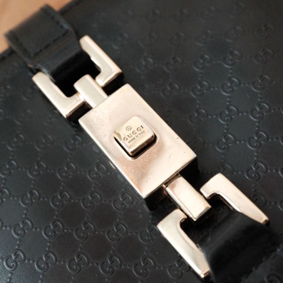 Vintage GUCCI Tom Ford 黃金時期 經典 Micro GG 賈姬活塞扣 黑色皮革三折中夾-2