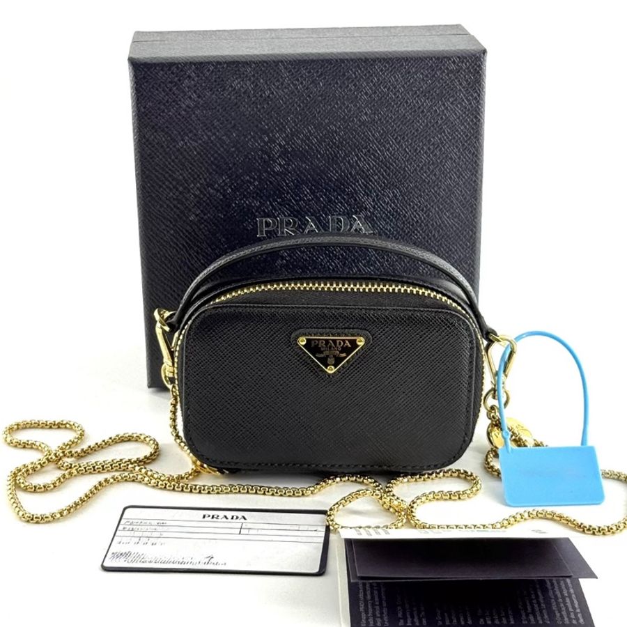 #全新全配🈶台灣購證 Prada Saffiano黑金鏈條斜挎包-6