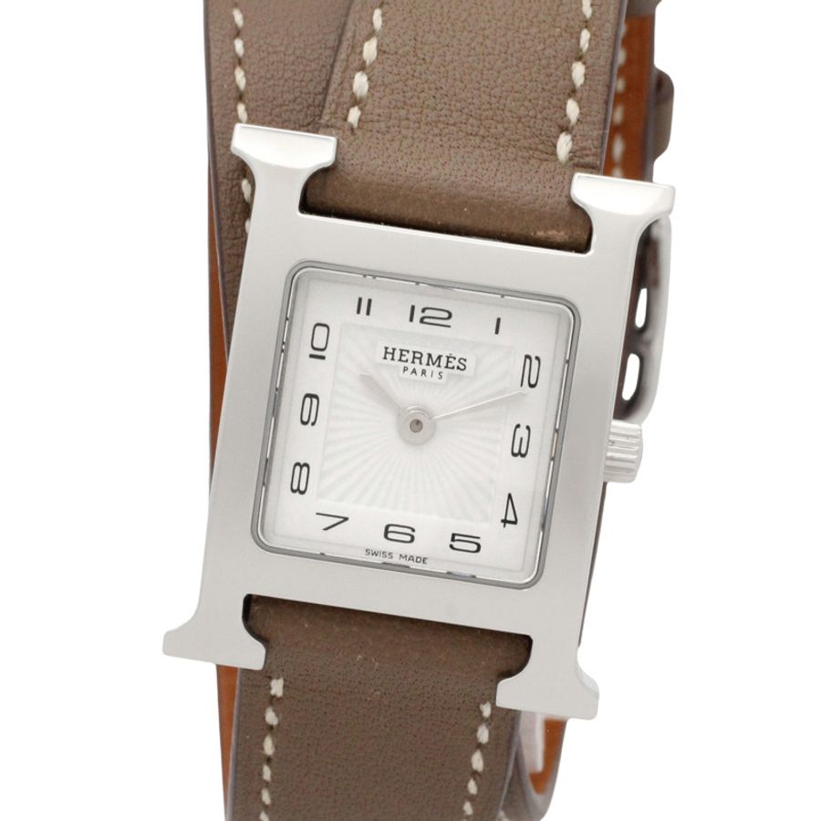 愛馬仕 H-Watch 雙圈腕錶,不鏽鋼錶殼,皮革錶帶,女士款,白色 (HH1.210)-0