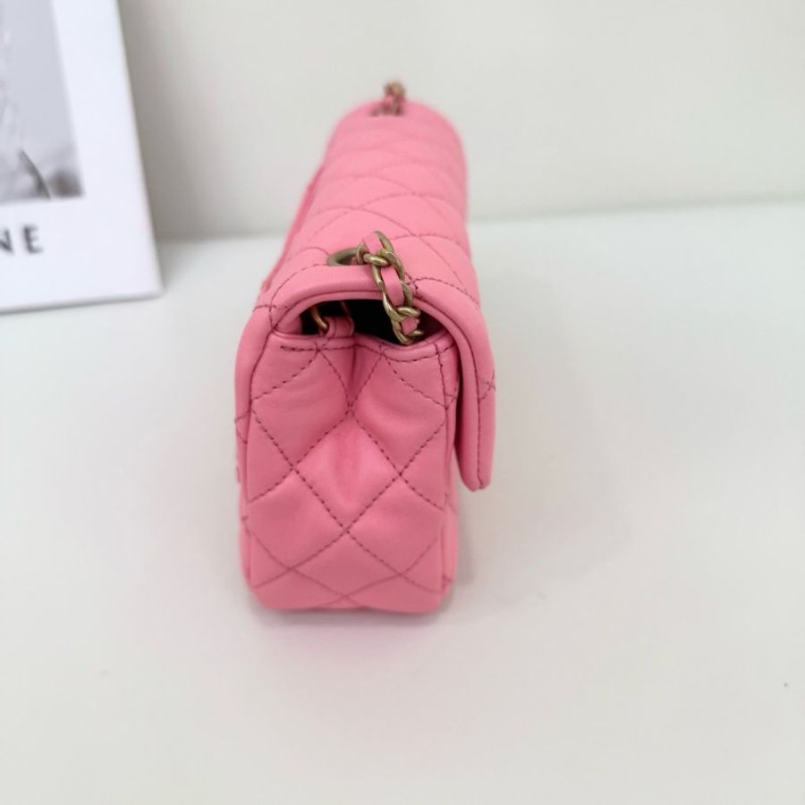 Chanel 晶片款粉色金球cf 大mini包包-5