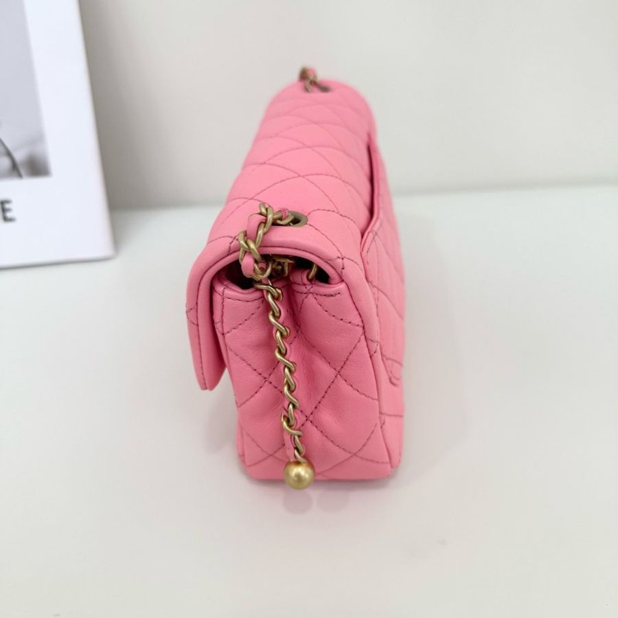 Chanel 晶片款粉色金球cf 大mini包包-7