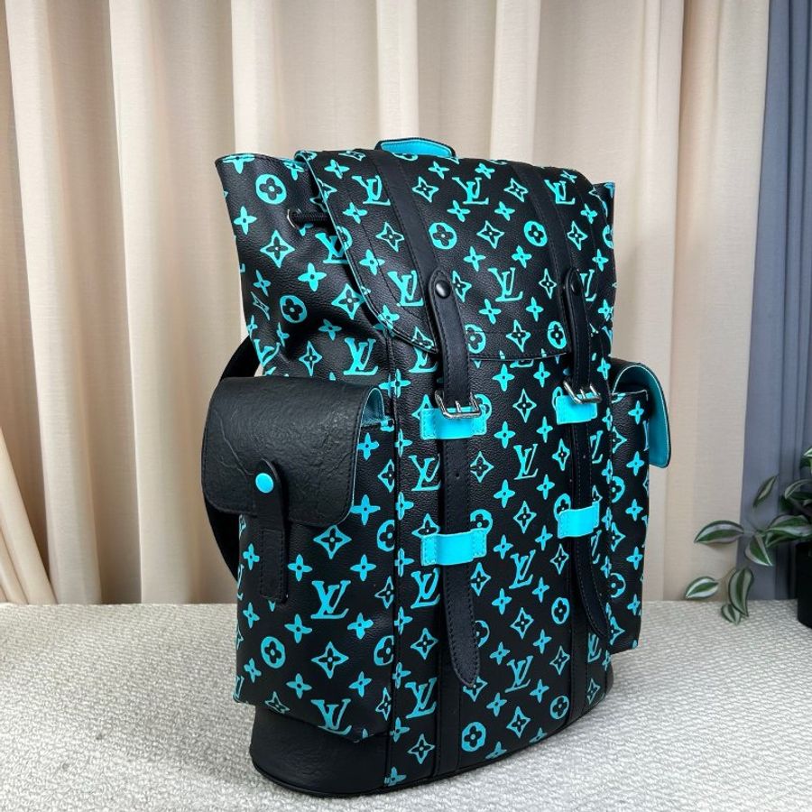 LV 秀款Christopher MM 限量拼皮後背包 藍色老花 銀色五金 33*12*45cm 98新配件塵袋-2