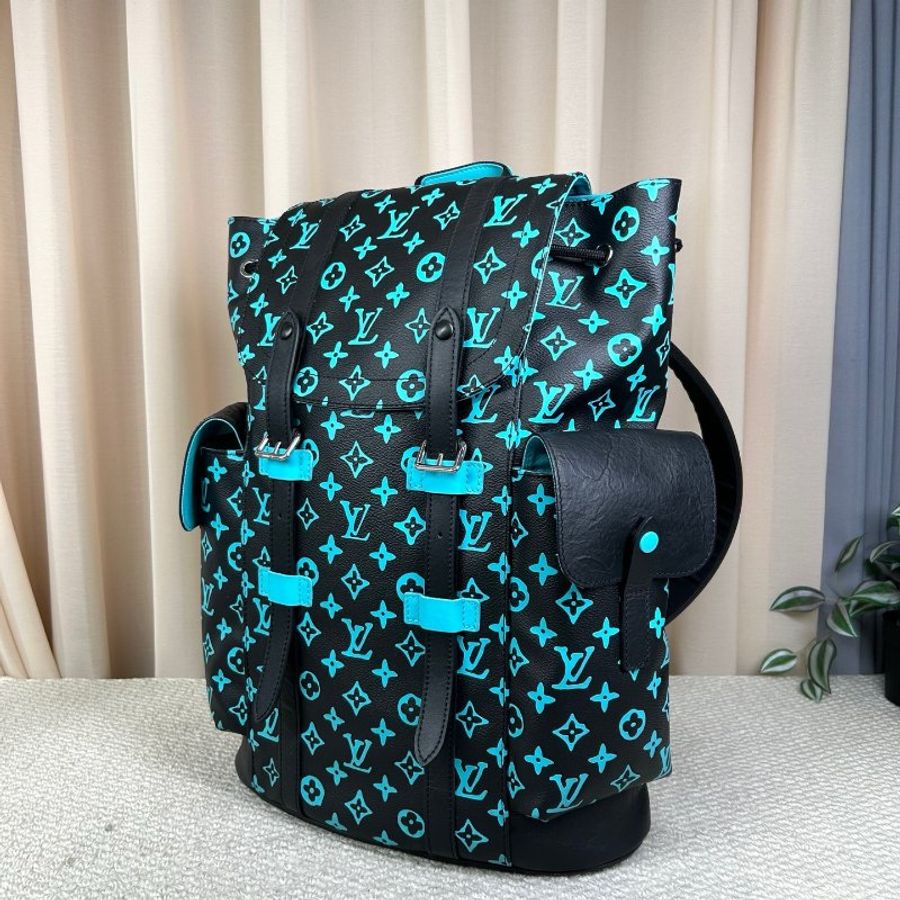 LV 秀款Christopher MM 限量拼皮後背包 藍色老花 銀色五金 33*12*45cm 98新配件塵袋-3