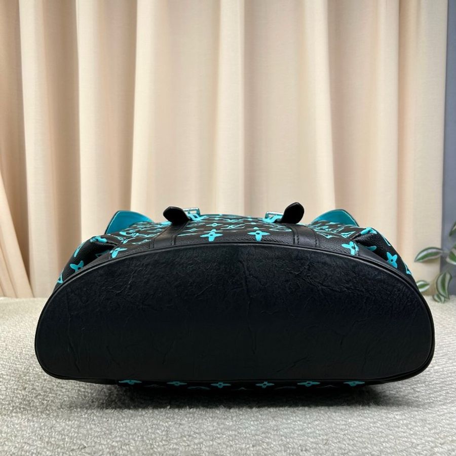LV 秀款Christopher MM 限量拼皮後背包 藍色老花 銀色五金 33*12*45cm 98新配件塵袋-4