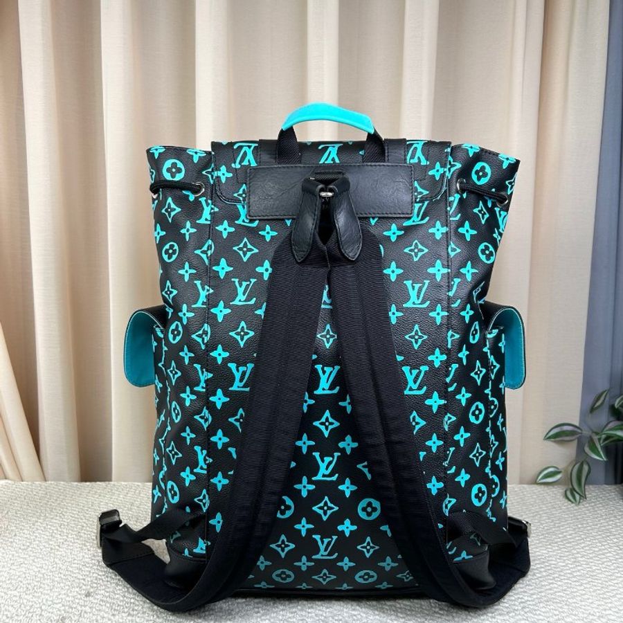 LV 秀款Christopher MM 限量拼皮後背包 藍色老花 銀色五金 33*12*45cm 98新配件塵袋-5