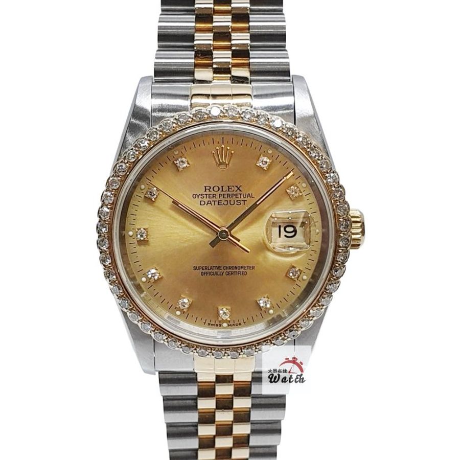 【大眾名錶】ROLEX 勞力士16233 Datejust 蠔式日誌 半金款 後加鑽圈 金色十鑽面盤 大眾名錶G367-0
