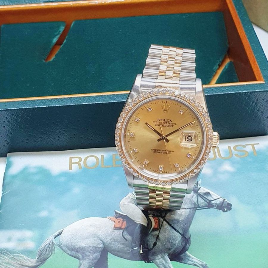 【大眾名錶】ROLEX 勞力士16233 Datejust 蠔式日誌 半金款 後加鑽圈 金色十鑽面盤 大眾名錶G367-1