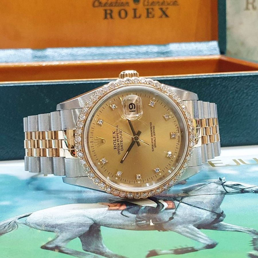 【大眾名錶】ROLEX 勞力士16233 Datejust 蠔式日誌 半金款 後加鑽圈 金色十鑽面盤 大眾名錶G367-2