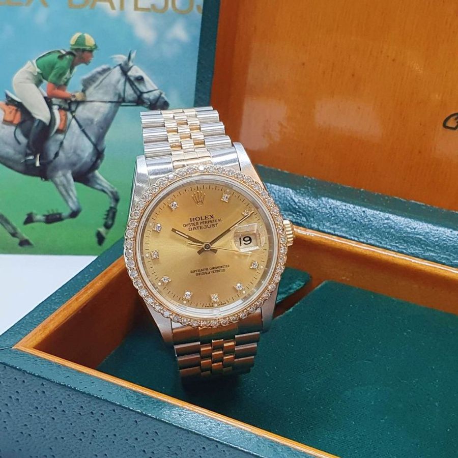 【大眾名錶】ROLEX 勞力士16233 Datejust 蠔式日誌 半金款 後加鑽圈 金色十鑽面盤 大眾名錶G367-3