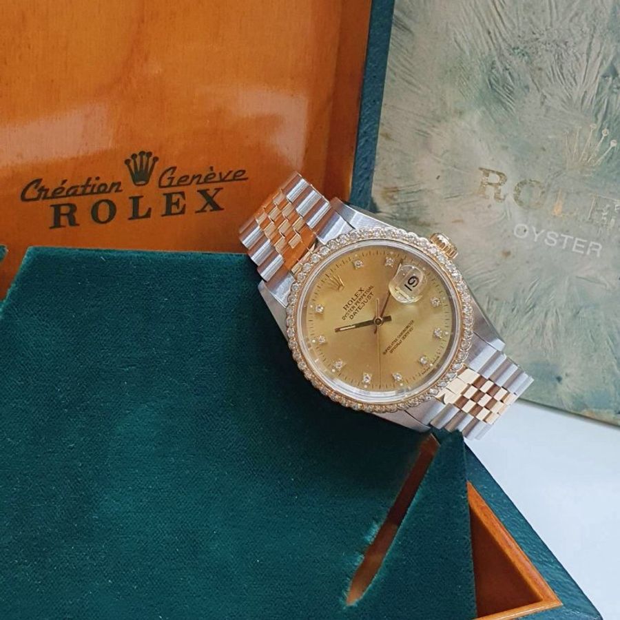 【大眾名錶】ROLEX 勞力士16233 Datejust 蠔式日誌 半金款 後加鑽圈 金色十鑽面盤 大眾名錶G367-4