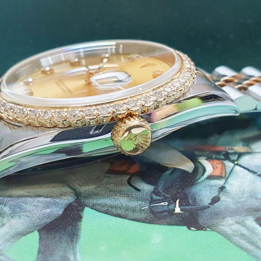 【大眾名錶】ROLEX 勞力士16233 Datejust 蠔式日誌 半金款 後加鑽圈 金色十鑽面盤 大眾名錶G367-5