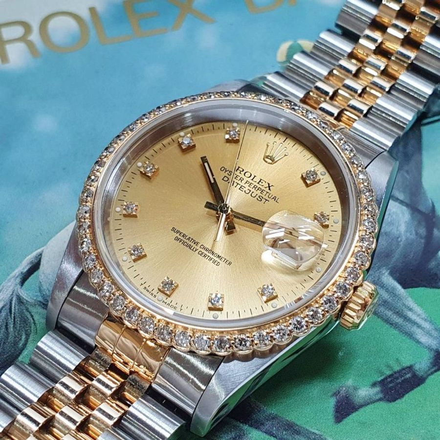 【大眾名錶】ROLEX 勞力士16233 Datejust 蠔式日誌 半金款 後加鑽圈 金色十鑽面盤 大眾名錶G367-8