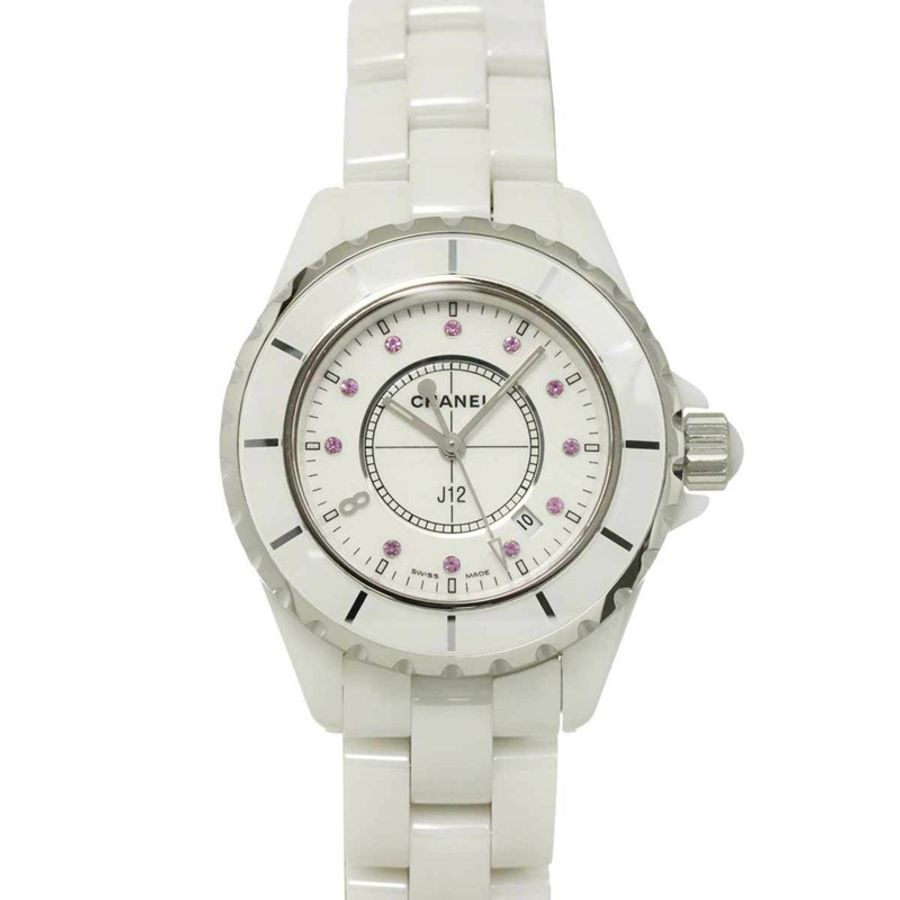 香奈兒 J12 33mm H2054 銀座精品店限量版女士腕錶 11P 粉紅藍寶石白色陶瓷石英錶-0