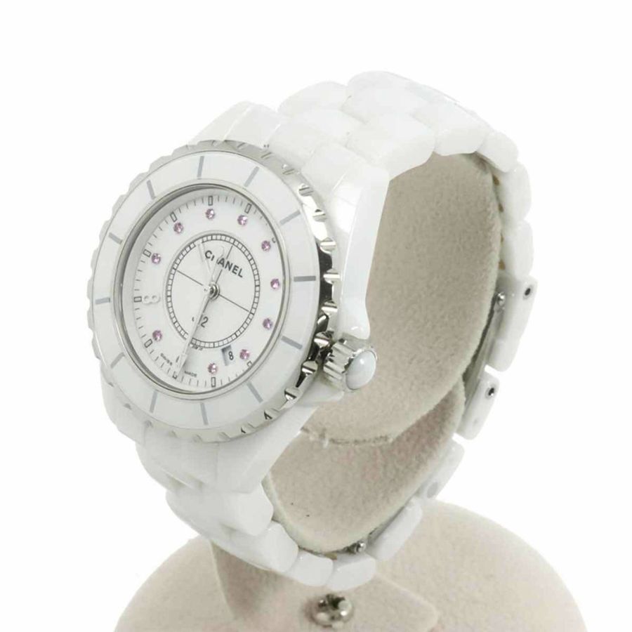 香奈兒 J12 33mm H2054 銀座精品店限量版女士腕錶 11P 粉紅藍寶石白色陶瓷石英錶-1