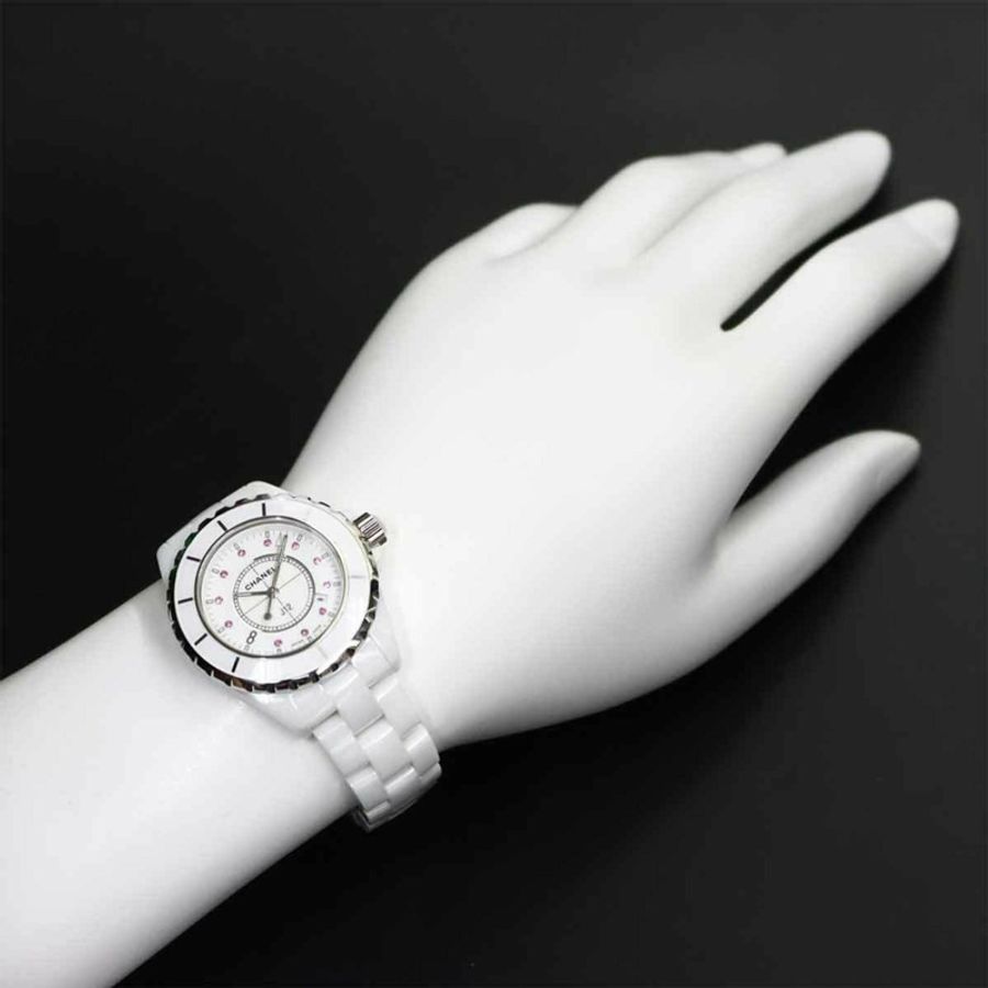 香奈兒 J12 33mm H2054 銀座精品店限量版女士腕錶 11P 粉紅藍寶石白色陶瓷石英錶-2