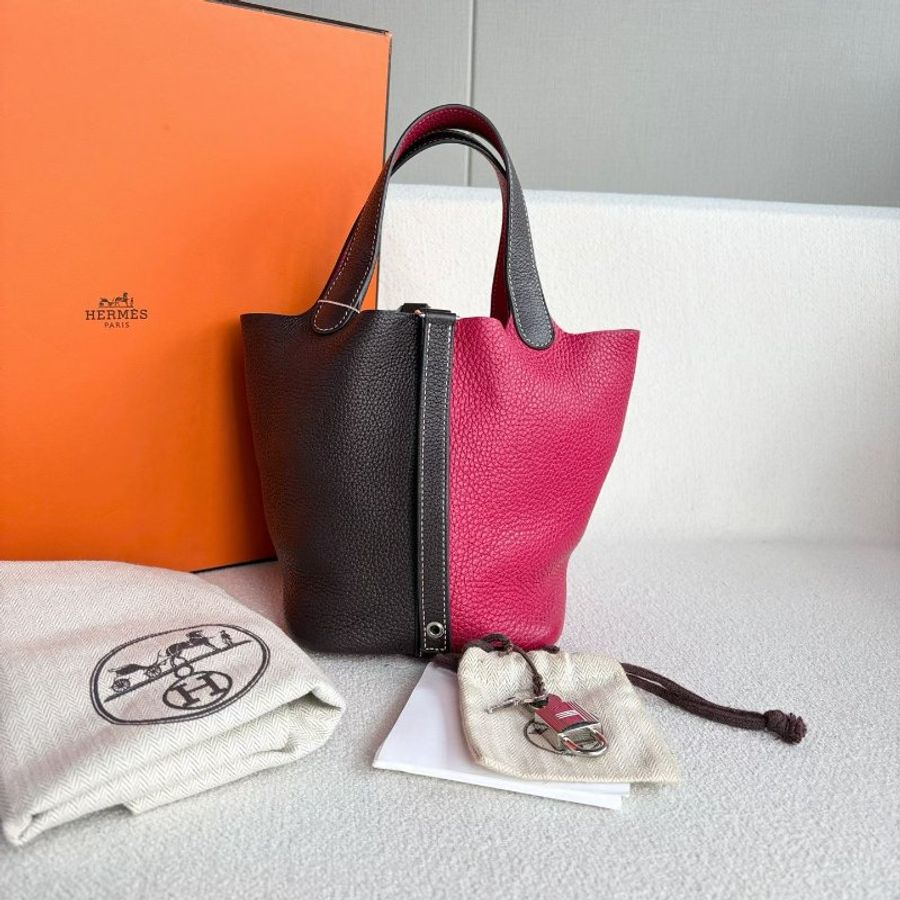 Hermes 拼色菜籃子picotin18 TC皮 馬鞍紅拼覆盆子紅 銀扣 18*18*14 99新配件塵袋 鑰匙*2鎖-2