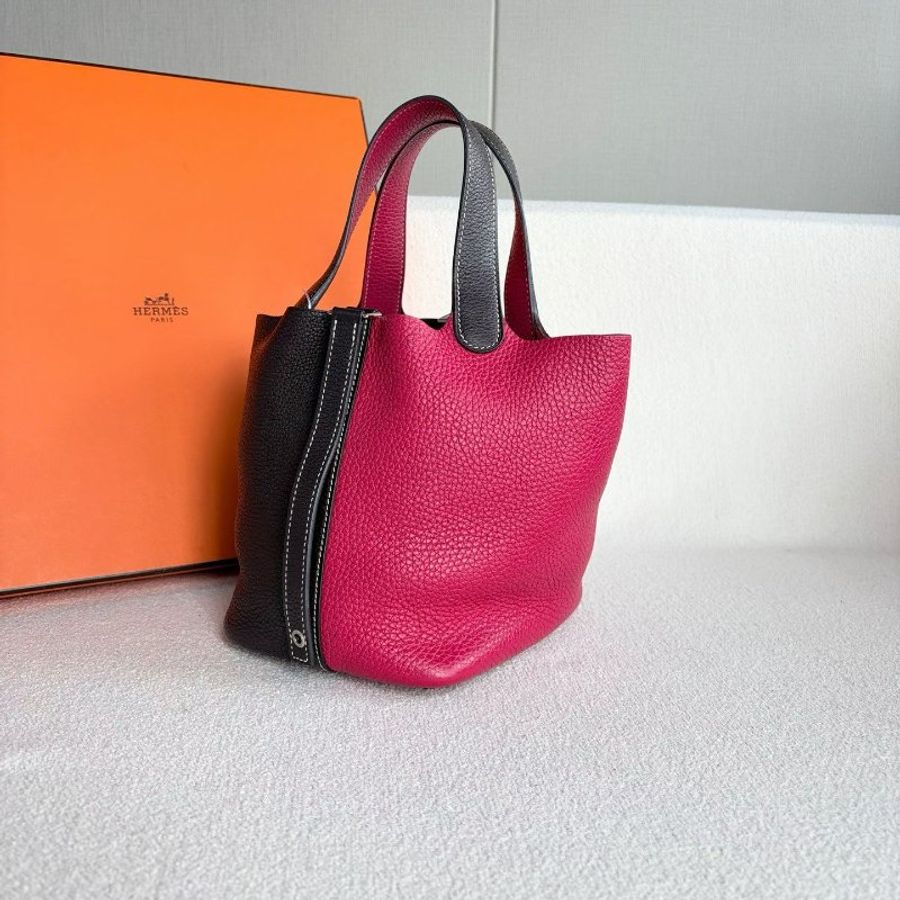 Hermes 拼色菜籃子picotin18 TC皮 馬鞍紅拼覆盆子紅 銀扣 18*18*14 99新配件塵袋 鑰匙*2鎖-6