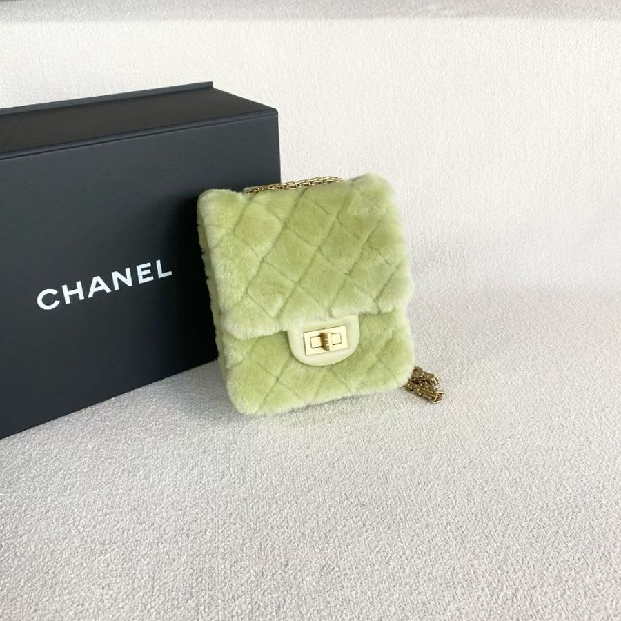 Chanel 毛絨拼皮2.55竪版相機包 綠色 金扣 15*13*6 99新配件盒 塵袋 保卡-3