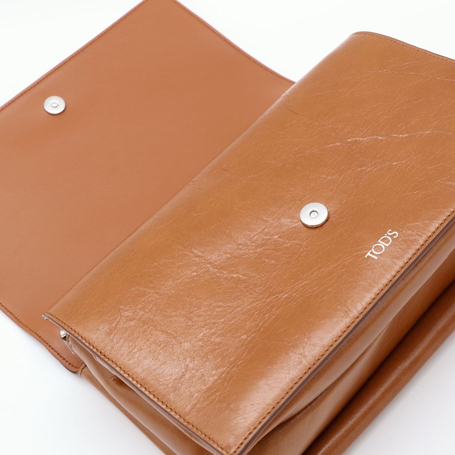 Tod's 義大利工藝 復古焦糖棕 光澤牛皮 翻蓋雙層 兩用斜背/側背郵差包-7