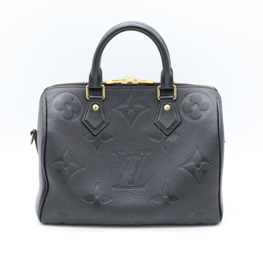 Louis Vuitton 路易威登 經典 Speedy 25 黑色 Empreinte 壓花小牛皮 雙手柄兩用波士頓包 枕頭包 (附皮革長肩帶)-1