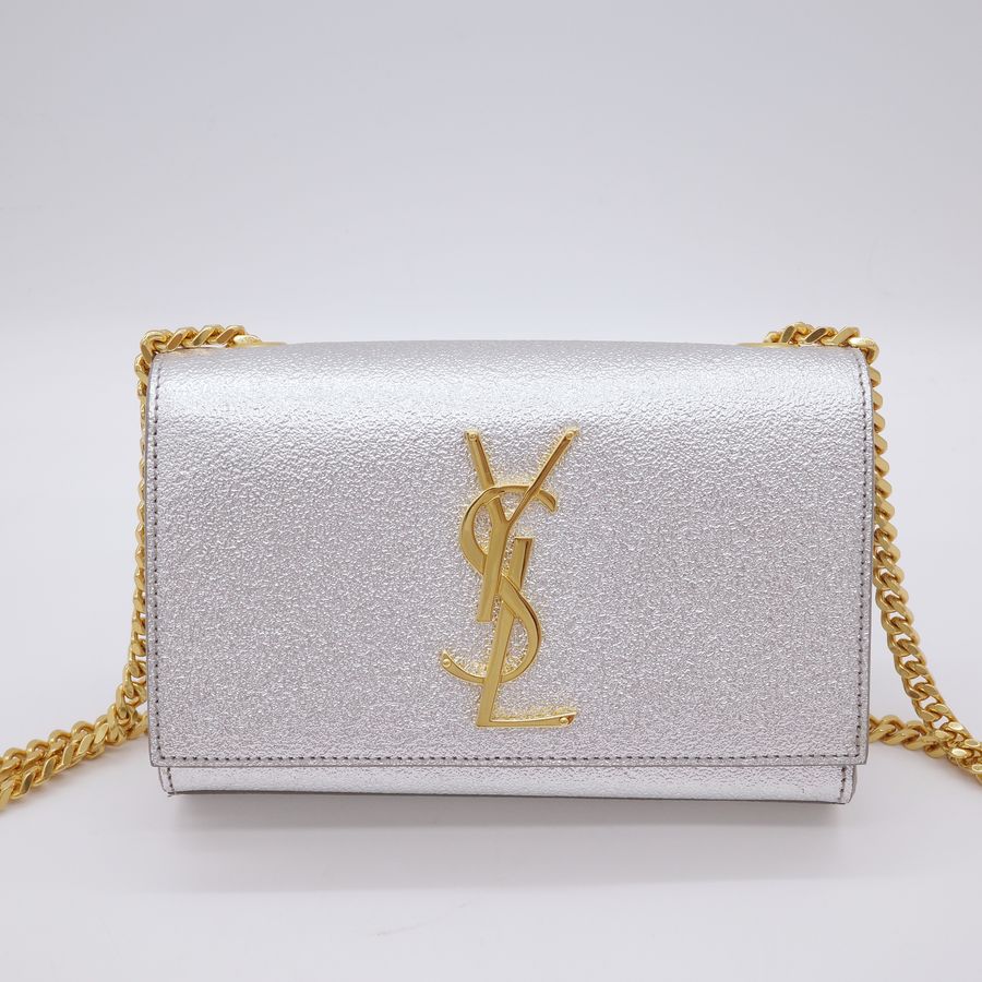 Saint Laurent 聖羅蘭 YSL Kate 小型 銀色亮面皮革 金釦 鏈條包 斜挎包-1