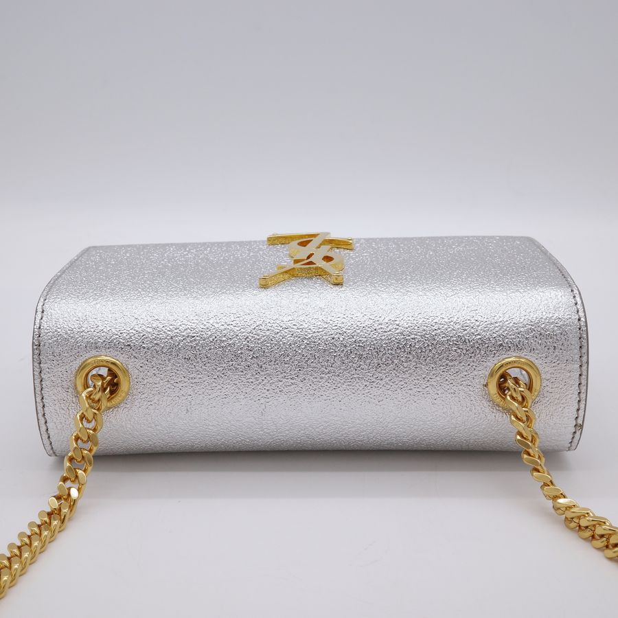 Saint Laurent 聖羅蘭 YSL Kate 小型 銀色亮面皮革 金釦 鏈條包 斜挎包-4